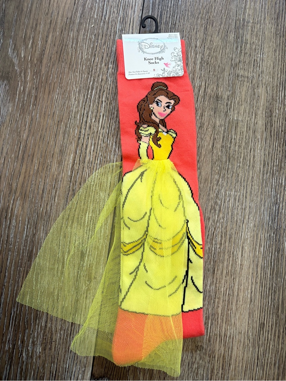 Disney Knee High Socks with Belle Graphic in Coral & Brown